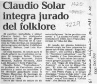 Claudio Solar integra jurado del folklore  [artículo].