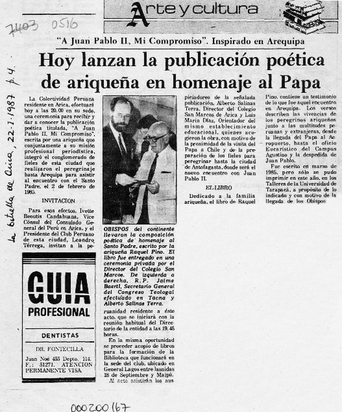 Hoy lanzan la publicación poética de ariqueña en homenaje al Papa  [artículo].