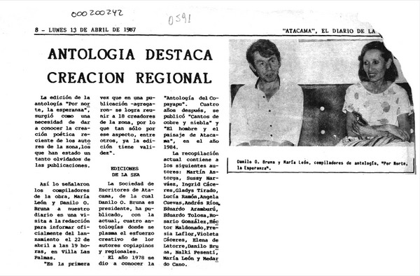 Antología destaca creación regional  [artículo].