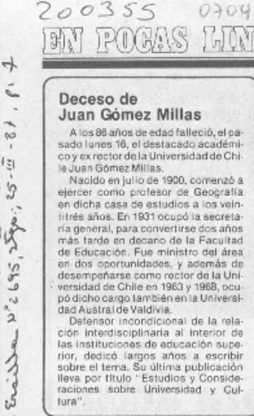 Deceso de Juan Gómez Millas  [artículo].