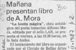 Mañana presentan libro de A. Mora  [artículo].