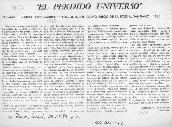 "El perdido universo"  [artículo] Edilberto Domarchi.