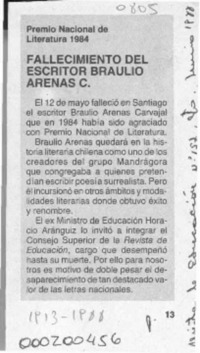 Fallecimiento del escritor Braulio Arenas C.  [artículo].