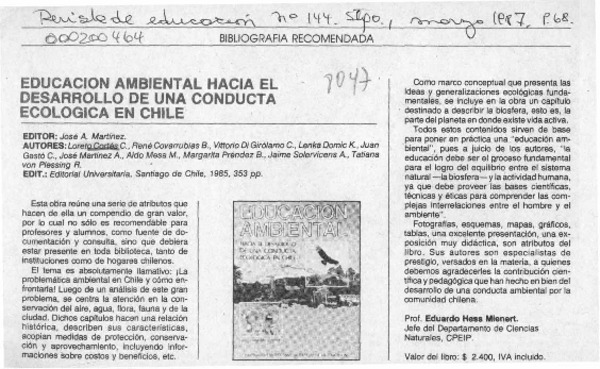 Educación ambiental hacia el desarrollo de una conducta ecológica en Chile  [artículo] Eduardo Hess Mienert.