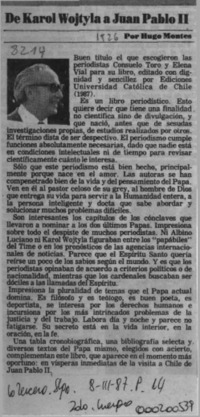 De Karol Wojtyla a Juan Pablo II  [artículo] Hugo Montes.