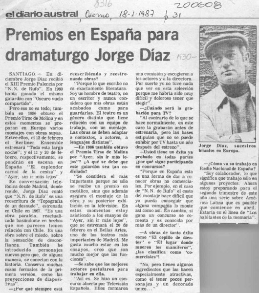 Premios en España para dramaturgo Jorge Díaz  [artículo].
