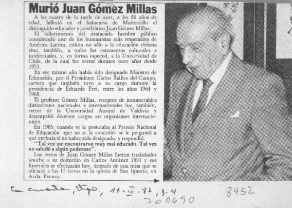 Murió Juan Gómez Millas  [artículo].