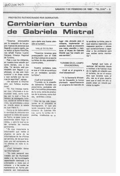 Cambiarían tumba de Gabriela Mistral  [artículo].