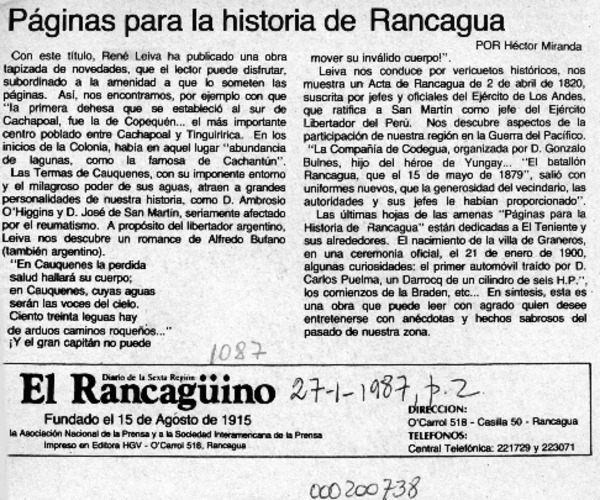 Páginas para la historia de Rancagua  [artículo] Héctor Miranda.