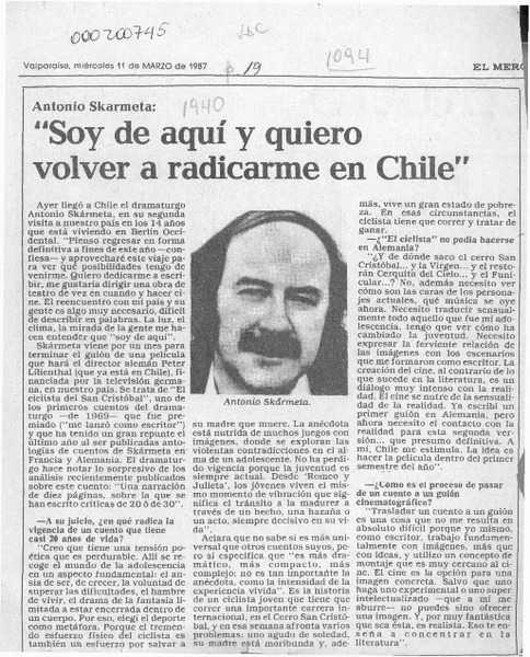 Antonio Skármeta, "Soy de aquí y quiero volver a radicarme en Chile"  [artículo].