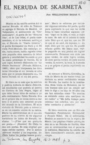 El Neruda de Skármeta  [artículo] Wellington Rojas Valdebenito.