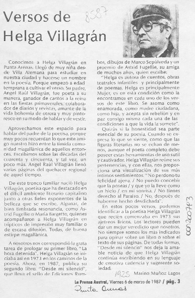 Versos de Helga Villagrán  [artículo] Marino Muñoz Lagos.