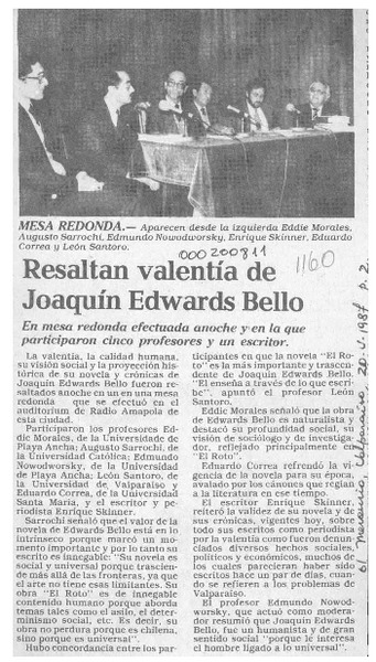 Resaltan valentía de Joaquín Edwards Bello  [artículo].