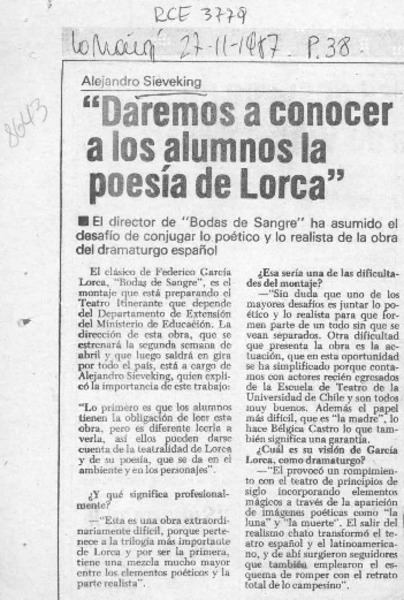 Alejandro Sieveking, "Daremos a conocer a los alumnos la poesía de Lorca"  [artículo].