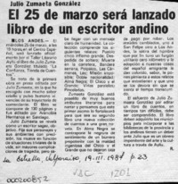 El 25 de marzo será lanzado libro de un escritor andino  [artículo] R.