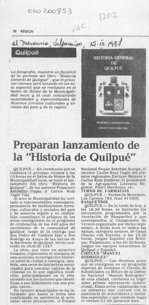 Preparan lanzamiento de la "Historia de Quilpué"  [artículo].