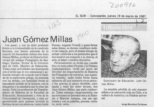 Juan Gómez Millas  [artículo] Jorge Mendoza Enríquez.