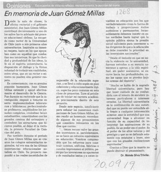 En memoria de Juan Gómez Millas  [artículo] Moisés Silva Triviños.