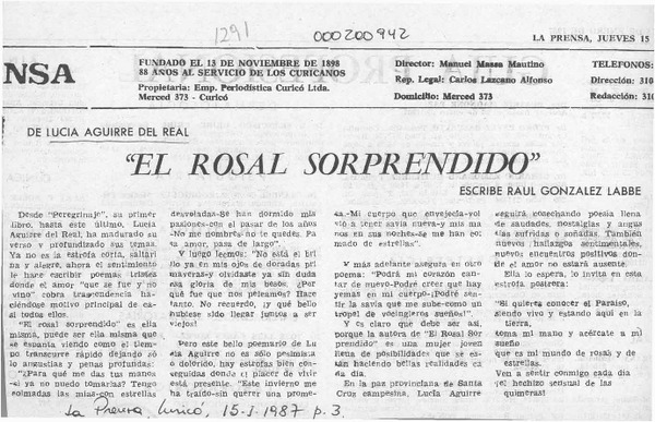 "El rosal sorprendido"  [artículo] Raúl González Labbé.