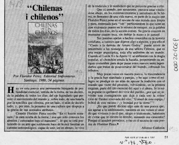 "Chilenas i chilenos"  [artículo] Alfonso Calderón.