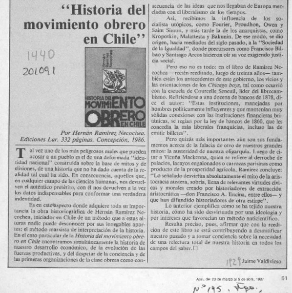 "Historia del movimiento obrero en Chile"  [artículo] Jaime Valdivieso.