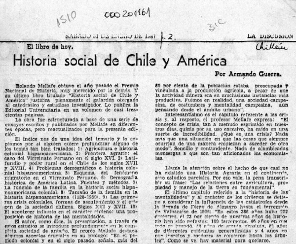 Historia social de Chile y América  [artículo] Armando Guerra.