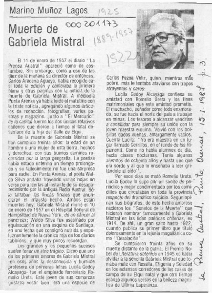Muerte de Gabriela Mistral  [artículo] Marino Muñoz Lagos.