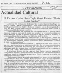 El Escritor Carlos Ruiz-Tagle ganó Premio "María Luisa Bombal"  [artículo].