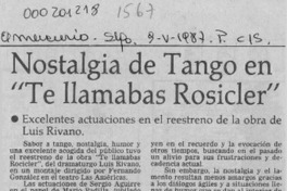 Nostalgia de tango en "Te llamabas Rosicler"  [artículo].