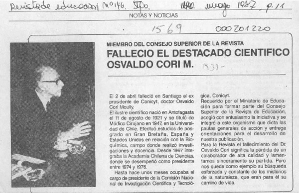 Falleció el destacado científico Osvaldo Cori M.  [artículo].