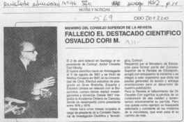 Falleció el destacado científico Osvaldo Cori M.  [artículo].