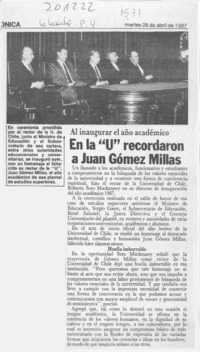 En la "U" recordaron a Juan Gómez Millas  [artículo].