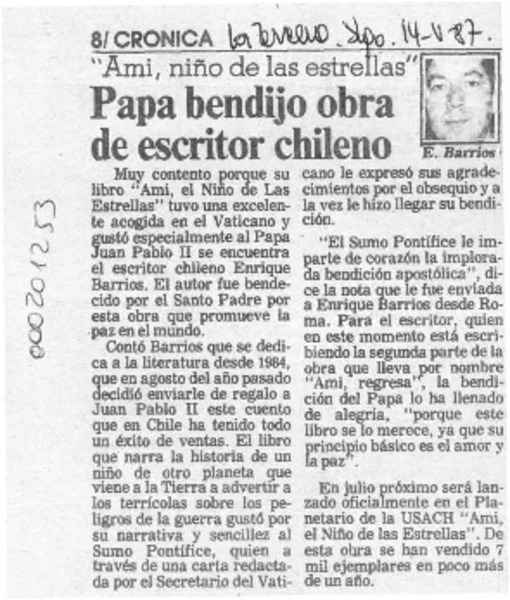 Papa bendijo obra de escritor chileno  [artículo].