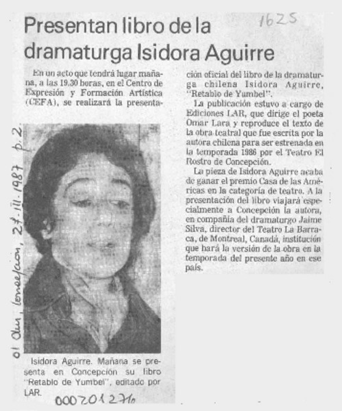 Presentan libro de la dramaturga Isidora Aguirre  [artículo].