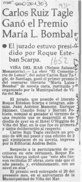 Carlos Ruiz Tagle ganó el premio María L. Bombal  [artículo] Nelson Salazar Monasterio.