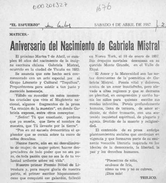 Aniversario del nacimiento de Gabriela Mistral  [artículo] Trilico.