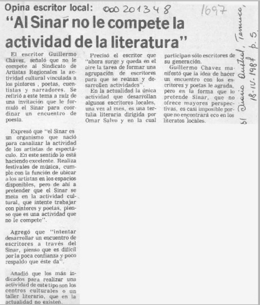 Opina escritor local, "Al Sinar no le compete la actividad de la literatura"  [artículo].