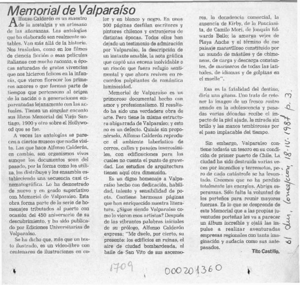 Memorial de Valparaíso  [artículo] Tito Castillo.