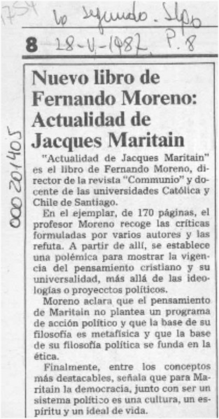 Nuevo libro de Fernando Moreno, "Actualidad de Jacques Maritain"  [artículo].