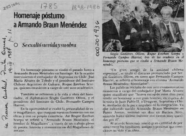 Homenaje póstumo a Armando Braun Menéndez  [artículo].
