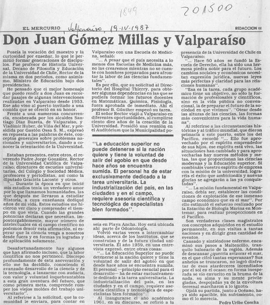 Don Juan Gómez Millas y Valparaíso  [artículo] Pedro Uribe Concha.