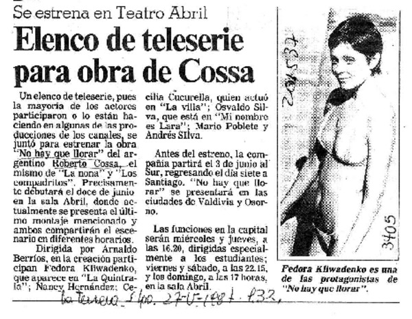 Elenco de teleserie para obra de Cossa  [artículo].