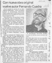 Con nueva obra original vuelve autor Fernando Cuadra  [artículo].