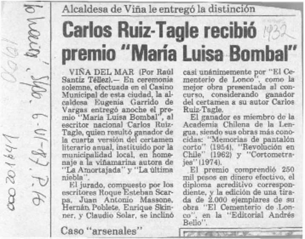 Carlos Ruiz-Tagle recibió premio "María Luisa Bombal"  [artículo] Raúl Santiz Téllez.