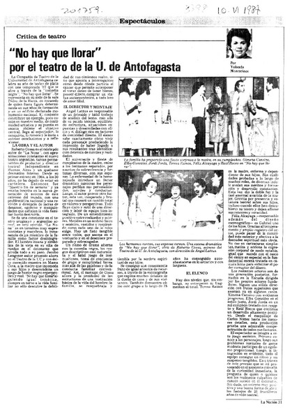 "No hay que llorar" por el teatro de la U. de Antofagasta  [artículo] Yolanda Montecinos.