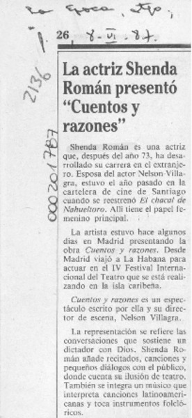La Actriz Shenda Román presentó "Cuentos y razones"  [artículo].