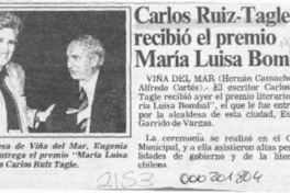 Carlos Ruiz-Tagle recibió el premio María Luisa Bombal  [artículo].