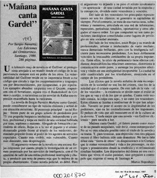 "Mañana canta Gardel"  [artículo] Martín Hopenhayn.