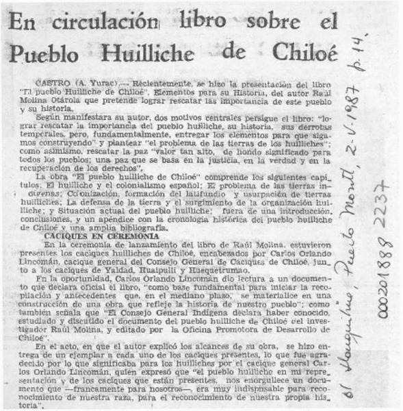 En circulación libro sobre el pueblo huilliche de Chiloé  [artículo].