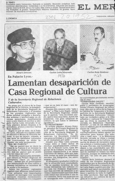 Lamentan desaparición de Casa Regional de Cultura  [artículo].